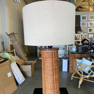 Modernist Tropical Cylinder Lamp with Woven Wicker Sides 