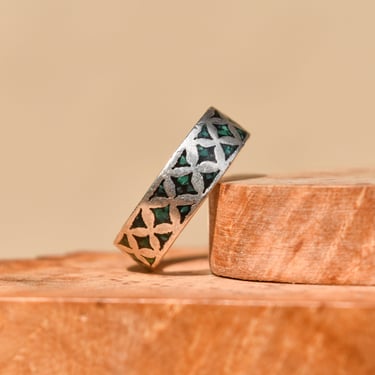 Sterling Silver Turquoise Chip Inlay Band Ring, Diamond Pattern Design, Stacking Ring, TAXCO Jewelry, 6 3/4 US 