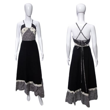 1970's Arjon California Black and White Multi Print Halter Style Maxi Dress Size S