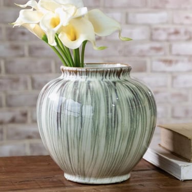 Wide Green Drip Ceramic Vase, neutral home decor, grandmillennials, Parisian decor, bookshelf vase, beige shelf decor, botanical vase 