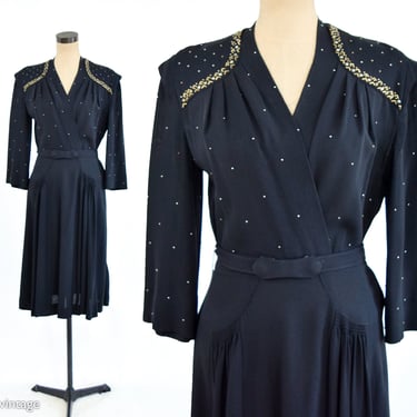 1940s Black Crepe Studded Dress | 40s Black Beaded Cocktail Dress | Large 