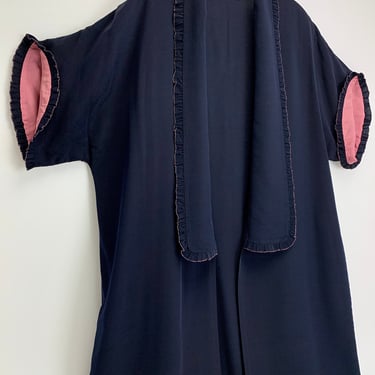 Authentic 1920's Duster - Navy Blue Rayon & Pink Silk - Low Shawl Collar - Ruffle Trim Detail - Great Gatsby Style - Women's Size Medium 