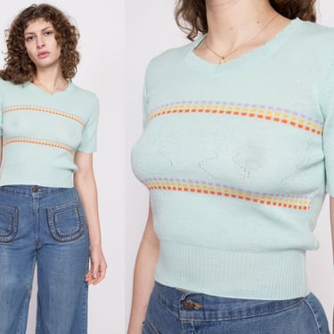 70s Aqua Striped Knit Crop Top - Small to Medium | Vintage Eyelet Short Sleeve Cropped Sweater Shirt 