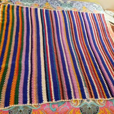 Multi Color Striped Afghan Living Room Decor Bedroom Vintage linens Handmade Crocheted blanket colorful bedroom 