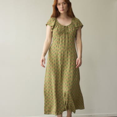 1990s Chartreuse Rayon Rose Print Dress 