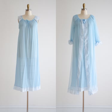 blue lace nightgown 70s vintage pastel blue chiffon long nightgown and robe peignoir 