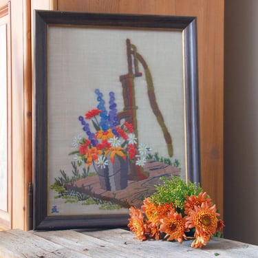 Vintage country water pump crewel embroidery/ vintage needlepoint art / framed embroidery / cottage decor / country decor / 1970s embroidery 
