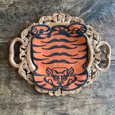 Linen embroidered Tibetan tiger cocktail napkin - a pair 6x5 - rust color