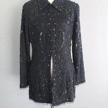 Beaded - Black lace - Long Blazer - Hooks/Closes to waist - Lined - by Theo Miles - Marked size L 