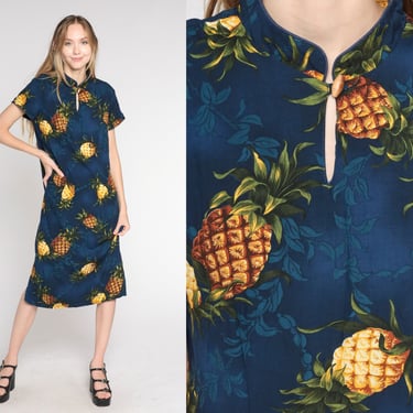 Pineapple Dress Y2K Navy Blue Tropical Midi Dress Summer Fruit Print Mandarin Collar Keyhole Sheath Dress Short Sleeve Vintage 00s Medium M 