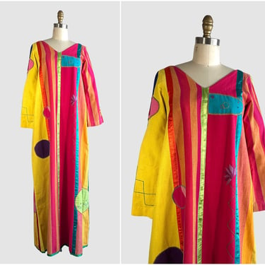 JOSEFA Vintage 70s Dress | 1970s Appliqued and Embroidered Maxi Kaftan | Mexican Designer, Folk Hippie, Boho Avant Garde Caftan | Size Small 