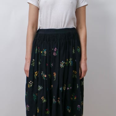 1990s Black Wool Embroidered Midi Skirt