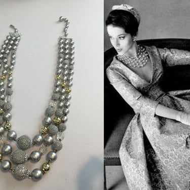 Outer Hebrides - Vintage 1950s Grey Gray Skies Sugar Coat 3 Strand Faux Pearl Necklace 