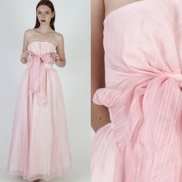 80s Gunne Sax Pink Chiffon Dress / 1980s Strapless Prom Dance Dress / Pleated Wedding Renaissance Bow Tie Midi Maxi Dress 