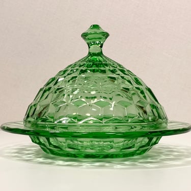 Jeanette Cube Green Uranium Glass Round Covered Butter Dish 