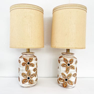 Midcentury Monumental Pierced Ceramic Floral Lamps & Shades - a Pair 