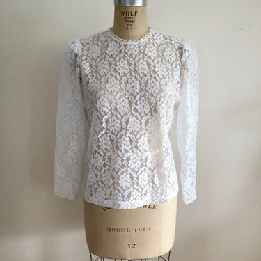 Sheer White Lace Blouse with Contrast Trim - 1980s 