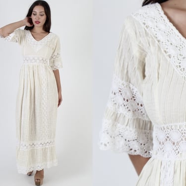 Cream Mexican Wedding Dress / South American Crochet Lace Gown / Vintage 70s Ethnic Pintuck Material / Half Bell Sleeves Maxi Oufit 