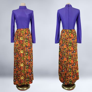 VINTAGE 70s Purple Sparkle and Op-Art Paisley Barkcloth Maxi Dress | 1970s Long Empire Waist Hostess Disco Dress | VFG 