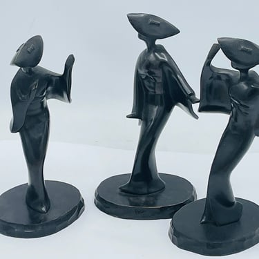 James Mont MCM Japanese Geisha Solid Cast Iron Figurines Set of THREE Black 6.25" 