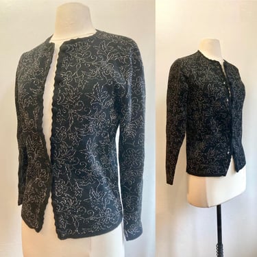 Vintage 60s SILVER LUREX Cardigan Sweater / Floral INTARSIA Knit Wool / Covered Buttons  / Made in Italy / Angelli 