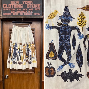 Vintage 1950’s Novelty Atomic Scarecrow Border Cotton Rockabilly Skirt, Scarecrow, Novelty Print, Atomic, 1950’s, Cotton, Rockabilly, 