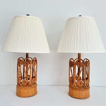 1970s Tortoise Bamboo Lamps & Shades, Pair 