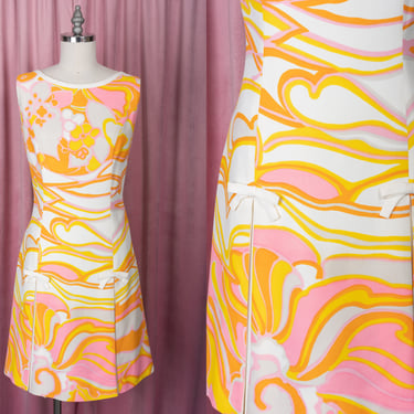 1960s Cover Girl of Miami Pink and Orange Psychedelic Floral Print Sleeveless Dress with Box Pleats and Tiny Bow Details 