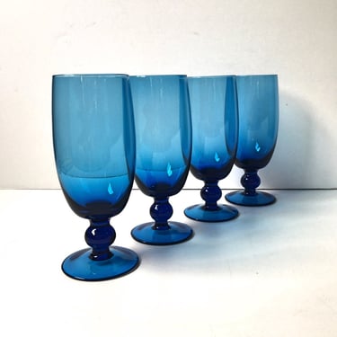Blown glass footed goblets - set of 4 - azure blue vintage glassware 