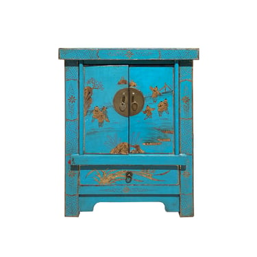 Chinese Rustic Bright Blue Golden Graphic End Table Nightstand cs7336E 