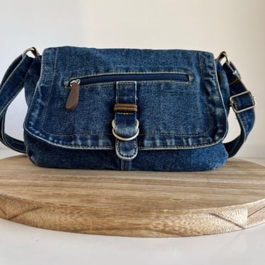 Vintage Y2K 90s Blue Denim Utility Buckle Medium Crossbody Shoulder Bag 