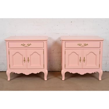 Baker Furniture French Provincial Louis XV Pink Lacquered Nightstands, Newly Refinished