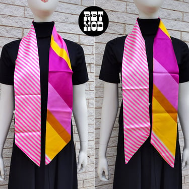 Bright Vintage 60s 70s Pink Gold Stripe Long Scarf 