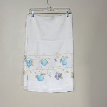 vintage Luther Travis White Linen Tablecloth with Border of Fruit in Blue and lavender 
