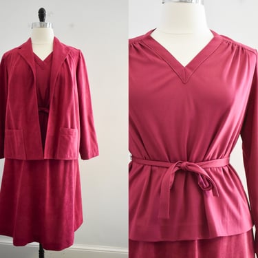 1970s Amy Adams Raspberry Ultrasuede and Knit Three Piece Set 