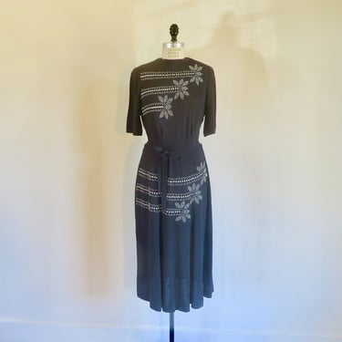 1940's Black Crepe Silver Studded Formal Dress Party Cocktail 40's Fall Winter Rockabilly WW2 Era 31