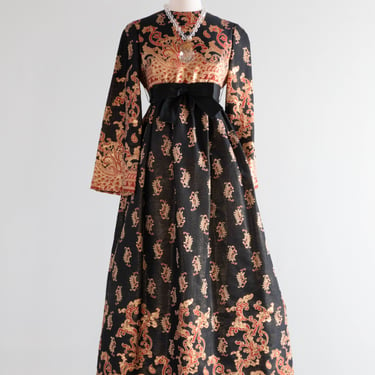 Fabulous 1960's Baroque Empire Waist Ornate Maxi Dress / Sm