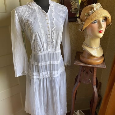 Vintage 1920s White Embroidered Sheer Cotton Tea Dress  - Large XL 