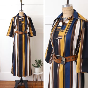 vintage 1970s kaftan dress • striped heavy cotton full length big collar tunic dress 