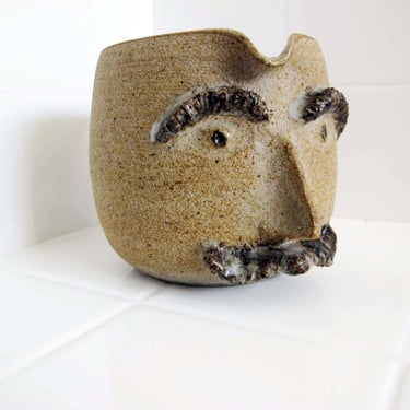 Vintage 70s Face Mug Pitcher - 1970s Studio Pottery Man Mustache Large Ceramic Vessel - Quirky Unique Home 