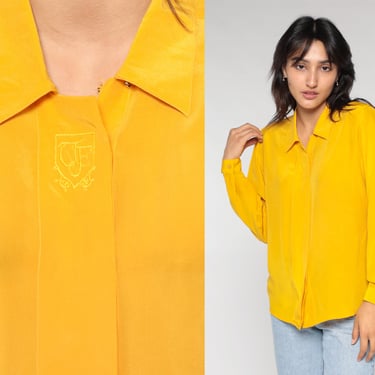 Mustard Silk Blouse Y2k Yellow Hidden Button Up Shirt Embroidered Crest Top Retro Plain Simple Long Sleeve Preppy Basic Vintage 00s Small S 