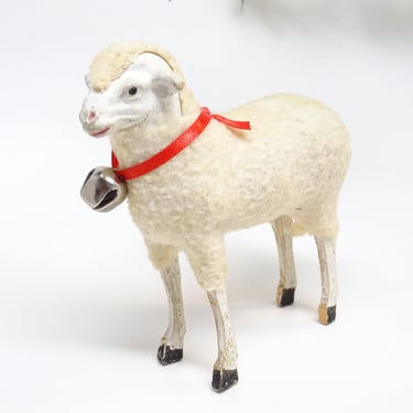 Large Antique 4 1/4 Inch 1930's German Wooly Sheep with Bell on Ribbon,  for Putz or Christmas Nativity 