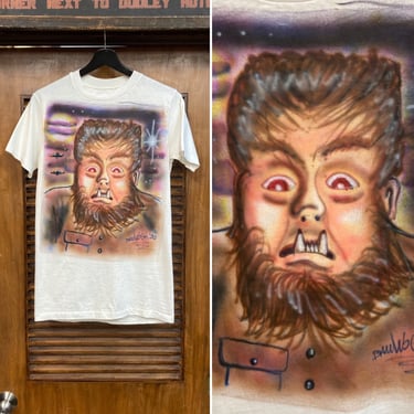 Vintage 1990’s Dated 1990 Wolf-man Artwork Airbrush Halloween Cotton Hanes T-Shirt, 90’s Tee Shirt, 90’s Horror, Vintage Clothing 