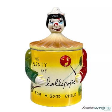 Vintage Porcelain Circus Clown Figural Lollipop Candy Canister Jar