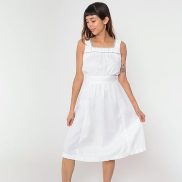 Vintage White Boho Sundress 70s Cottagecore Midi Dress Boho Prairie Floral Trim Sleeveless Bohemian Summer Sun High Waist 1970s Small 