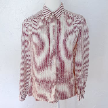 80s Cream and Burgundy Abstract Striped Silk Shirt | Medium 