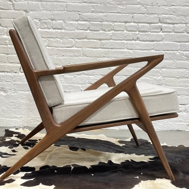 Handcrafted Mid Century Modern styled WALNUT LOUNGE CHAIR, Pearl White Upholstery 