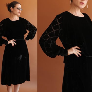 Vintage 20s Burnout Velvet Dress with Mutton Sleeves/ 1920s Black Drop Waist Flapper/ Size Medium 