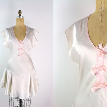 80s Sears Pink Bow Cream Slip Dress / Vintage Nightgown / Slip Mini Dress / Fit and Flare Slip / Size S/M 