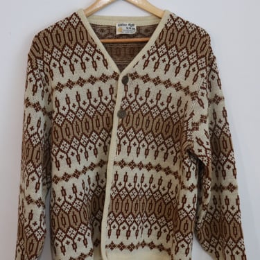 Vintage 1960s Virgin Wool Cardigan Cream/Brown/Tan White Ram Made in Canada Unisex Size Large 